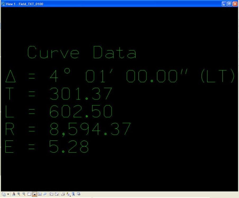 Curve Data text displayed with values for delta angle, tangent, length, radius, and external.