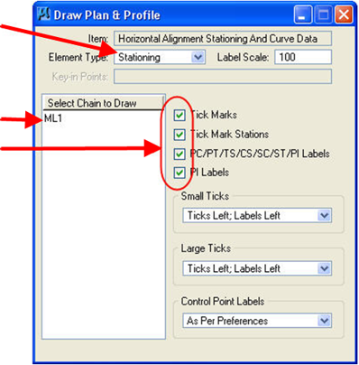 Draw Plan & Profile dialog with Stationing selected and tick mark options checked.