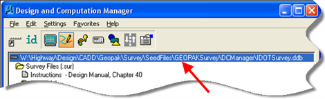 D&C Manager showing IDOTSurvey.ddb file path.