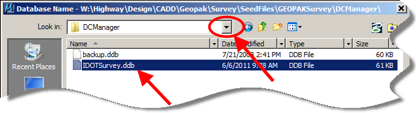 Database Name dialog with file list and drop‑down arrow highlighted.