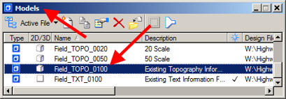 Models dialog with Field_TOPO_0100 highlighted.