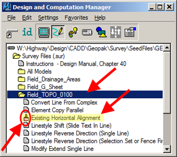 Field_TOPO_0100 folder expanded with Existing Horizontal Alignment tool highlighted.