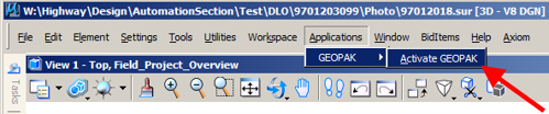 GEOPAK menu selected on the MicroStation toolbar with the Activate GEOPAK option highlighted by an arrow.