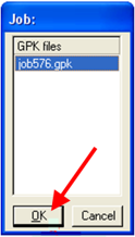Job dialog listing available gpk files with the OK button highlighted.