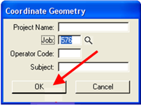 Coordinate Geometry dialog showing the Job field populated and the OK button highlighted.