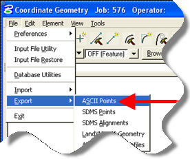 Coordinate Geometry menu expanded with Export > ASCII Points highlighted.