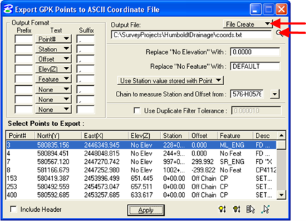 Export GPK Points dialog showing File Create selected and the output file browse icon highlighted.