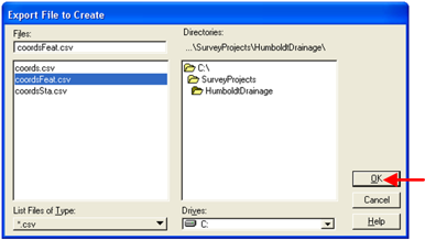 Export File to Create dialog showing selected directory and the OK button highlighted.