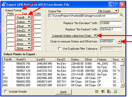 Export GPK Points dialog showing Output Format options and the Compute Station drop‑down highlighted.