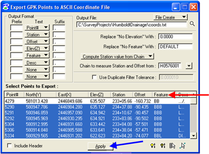 Export GPK Points dialog showing the Feature column heading indicated for sorting and the Apply button highlighted.