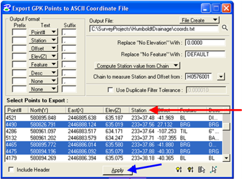 Export GPK Points dialog showing selected points and the Station column heading highlighted for resorting.