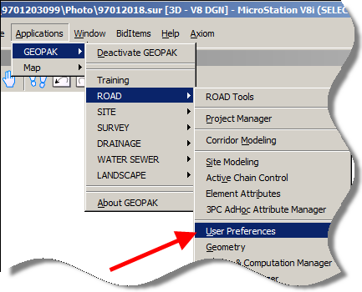 GEOPAK menu expanded showing Road submenu and User Preferences selected with an arrow.