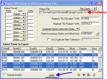 Export GPK Points dialog with the output file extension set to CSV and the Apply button highlighted.