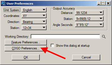 User Preferences dialog showing the COGO Preferences button highlighted by an arrow.