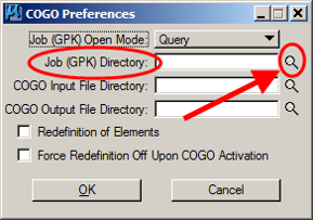 COGO Preferences dialog with the Job (GPK) Directory browse button indicated by an arrow.