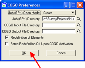 COGO Preferences dialog with the OK button highlighted to confirm the GPK directory.