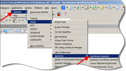 GEOPAK menu expanded to Road > Geometry with Coordinate Geometry option highlighted.