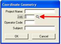 Coordinate Geometry dialog showing the Job field and the browse icon highlighted.