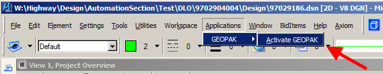 Applications menu expanded showing GEOPAK > Activate GEOPAK highlighted.