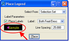 Place Legend dialog showing Sample text highlighted for editing.