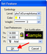 Set Feature dialog with Sample text attributes and the OK button highlighted.