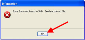 Information dialog showing a warning about items not found and the OK button highlighted.