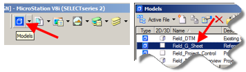 Models dialog showing Field_G_Sheet model highlighted for selection and reference file hierarchy showing active model on top.