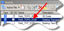 Models dialog showing Field_TOPO_0100 model highlighted for activation.