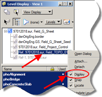 Level Display dialog showing TOPO reference highlighted and the Display checkbox location indicated.