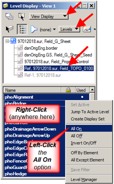 Level Display dialog with View Display and Levels options highlighted and right‑click menu in Level Display dialog showing the All On option.