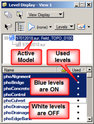 Level Display dialog showing active model and level list with used levels turned on.
