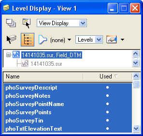 Level Display window showing survey levels.