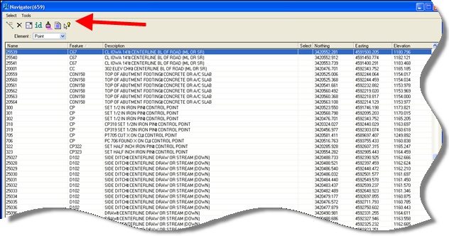 Navigator dialog showing point list and data information tools.