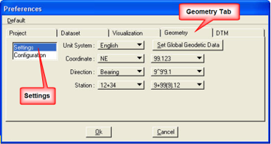 Geometry tab with Settings group highlighted, showing fields for unit system, coordinate, direction, and station.