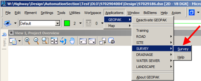 Applications menu with GEOPAK > SURVEY > Survey highlighted.