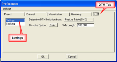 DTM tab with Settings group highlighted.