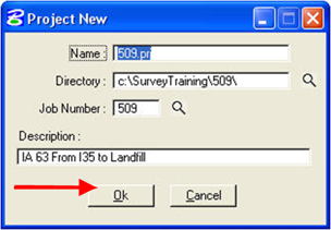 Project New dialog showing Name, Directory, Job Number, and Description fields with OK button highlighted.