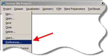 GEOPAK Survey Projects menu with Preferences highlighted.