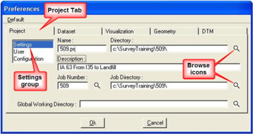 GEOPAK Preferences window with Project tab, SAP number fields, and Browse icons highlighted.