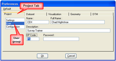 GEOPAK Preferences window with Project tab and User settings fields highlighted.