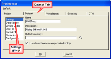 GEOPAK Preferences window with Dataset tab and Settings group highlighted.