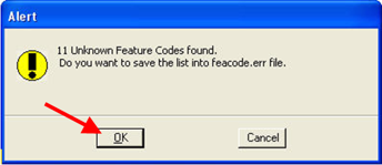 Unknown feature‑code alert with OK button highlighted.