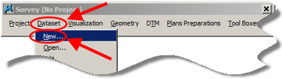 Survey toolbar with Dataset menu open and New option highlighted.