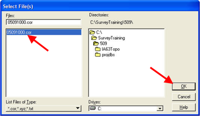 Select File(s) dialog with a .cor file highlighted and OK button selected.