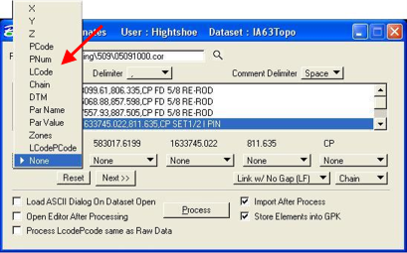 XYZ to Coordinates dialog with column assignment drop‑down highlighted.