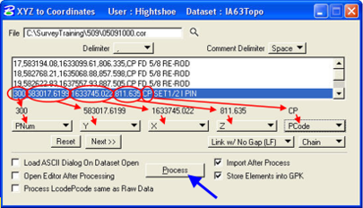 XYZ to Coordinates dialog with Process button highlighted.