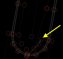 Two incorrect BL points at the end of a GU survey chain highlighted by an arrow.