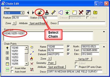 Chain Edit dialog showing Select Chain button and selected point range.