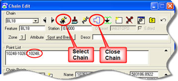 Chain Edit dialog showing Select Chain and Close Chain buttons.