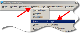 Survey toolbar showing Geometry > Points > Edit option.